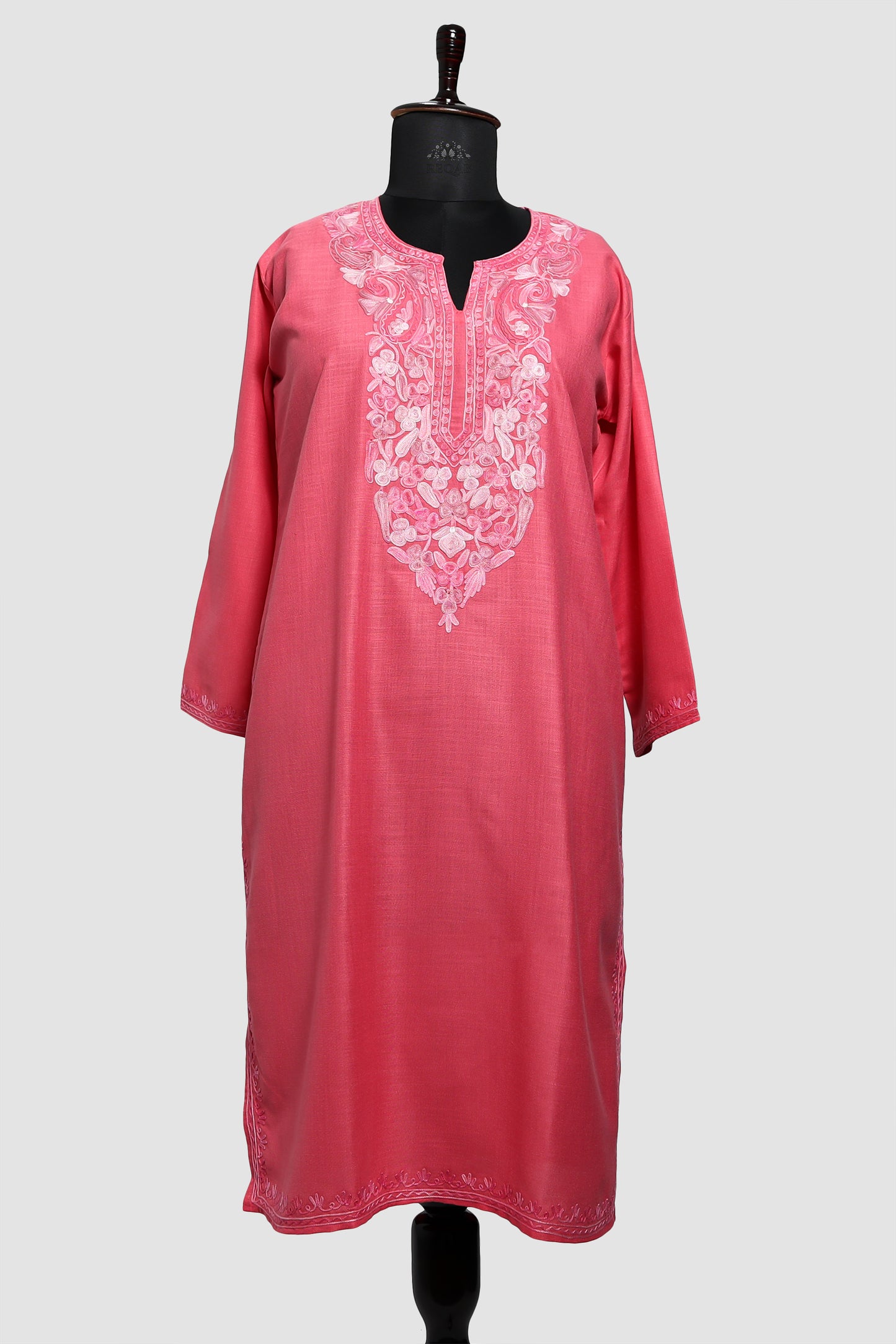 Light Coral Ruby Cotton Kurti with Aari Embroidery
