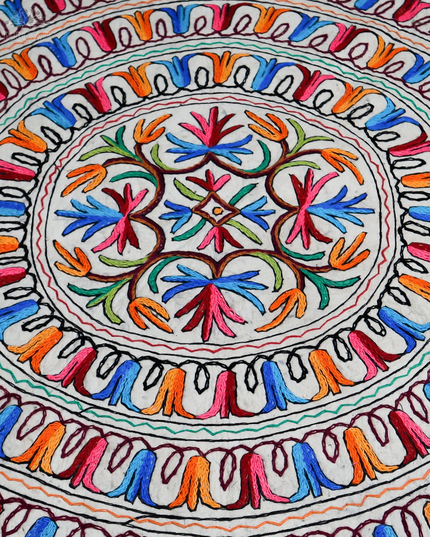 Floral Bulb Design Large Circular Crewel Kashmiri Namda
