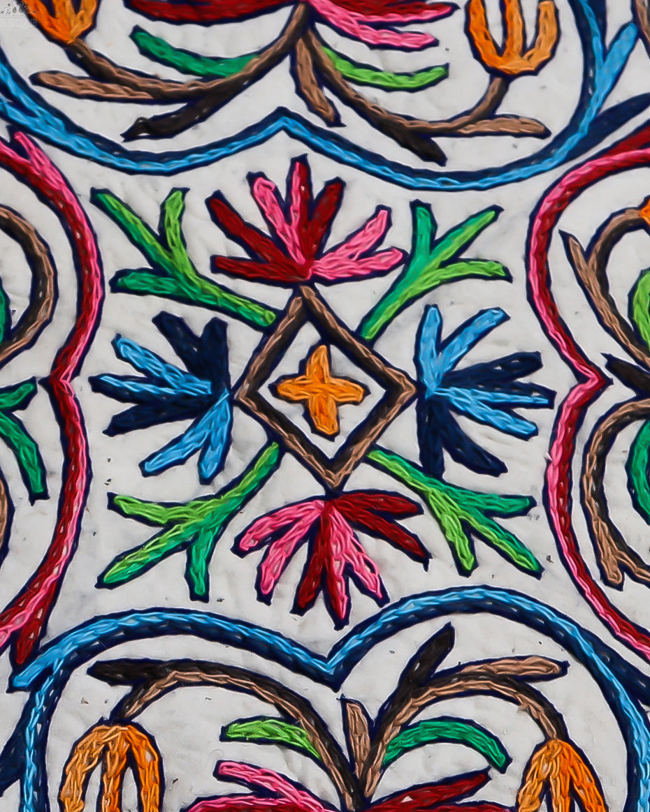 Floral Bulb & Chinar Leaf Design Medium Circular Crewel Kashmiri Namda