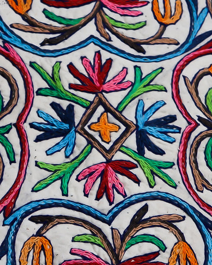 Floral Bulb & Chinar Leaf Design Medium Circular Crewel Kashmiri Namda