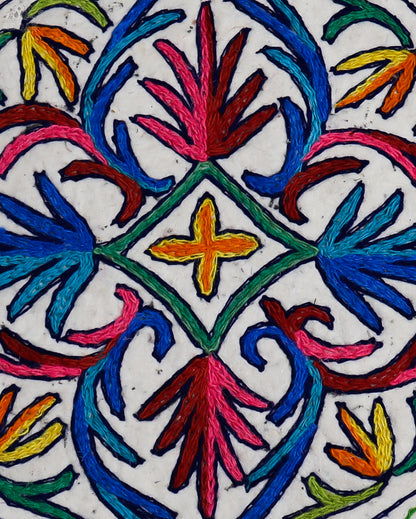 Leaf & Floral Design Small Circular Crewel Kashmiri Namda