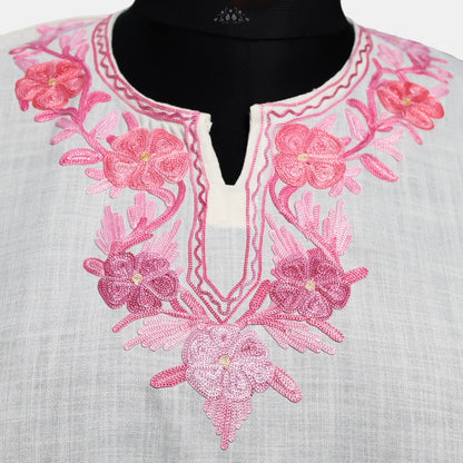 Athens Grey Ruby Cotton Top with Aari Embroidery