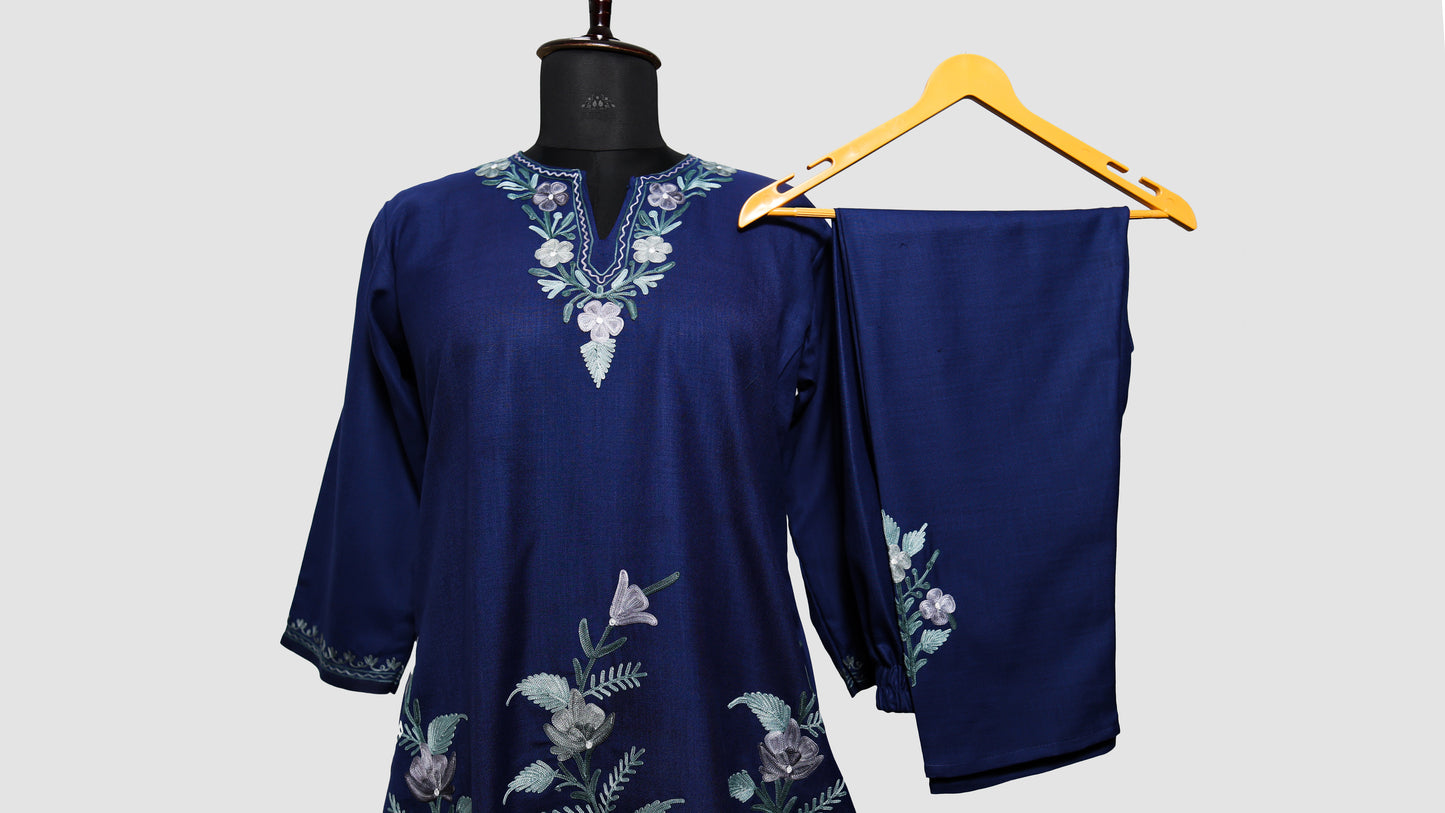 Indigo Blue Ruby Cotton Co-ord Set with Aari Embroidery