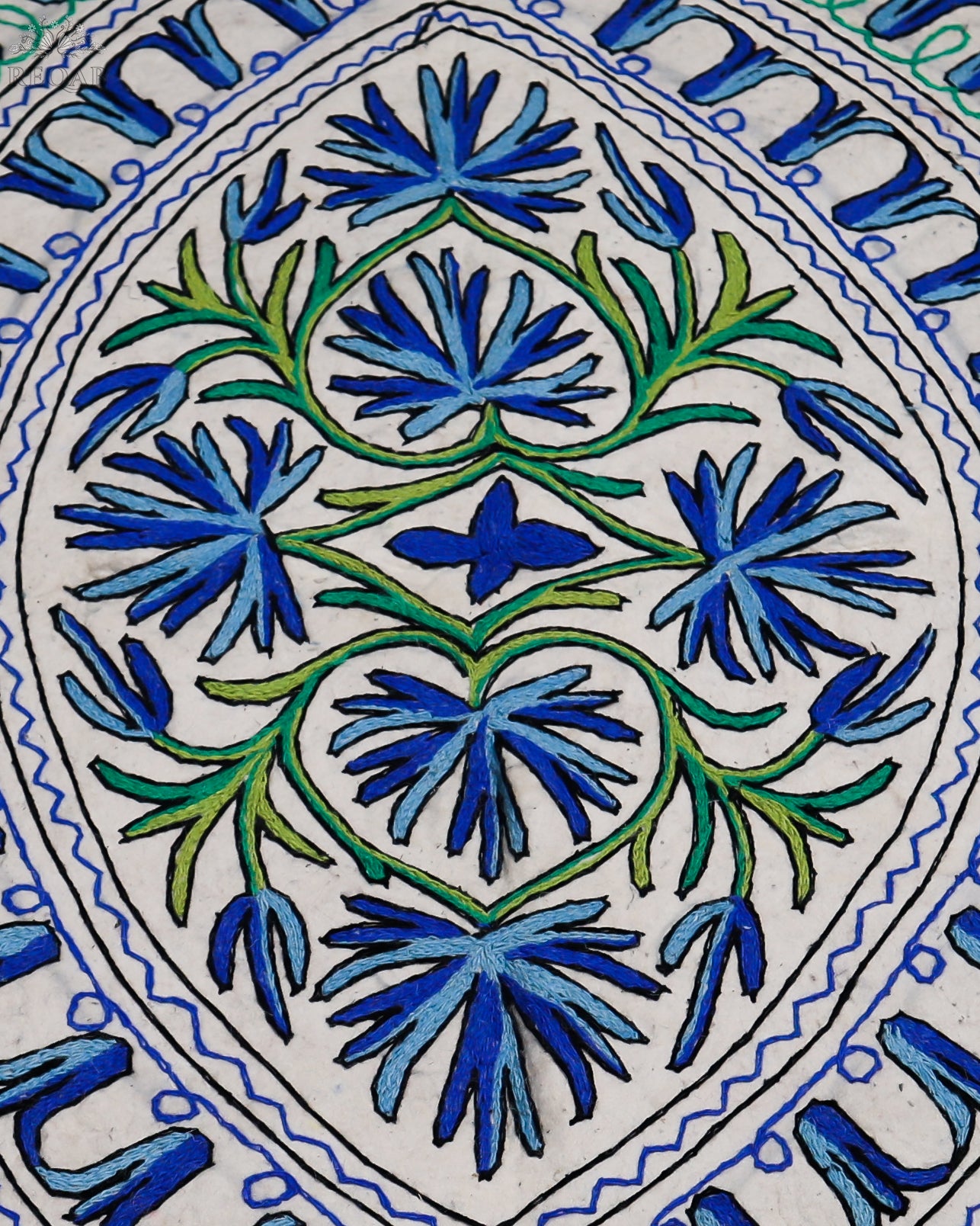 Floral & Leaf Design Green-Blue Large Rectangle Crewel Kashmiri Namda