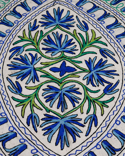 Floral & Leaf Design Green-Blue Large Rectangle Crewel Kashmiri Namda