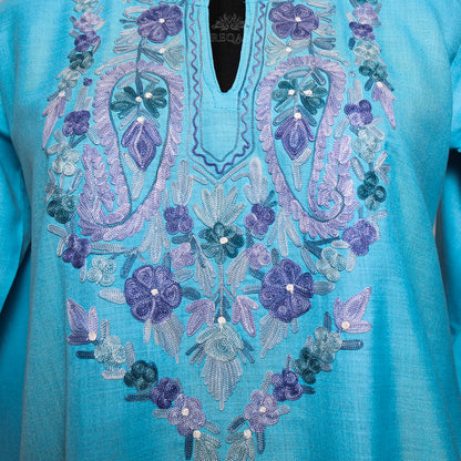 Viking Blue Ruby Cotton Kurti with Aari Embroidery