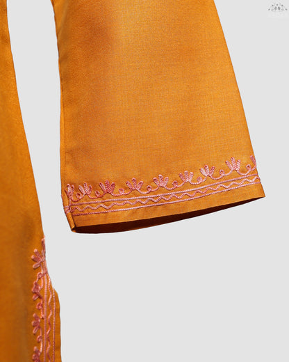 Lightning Yellow Ruby Cotton Co-ord Set with Aari Embroidery