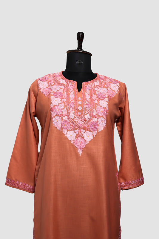 Burning Sand Ruby Cotton Kurti with Aari Embroidery