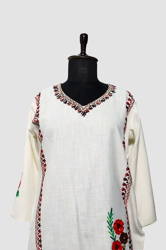 Snow Drift White Ruby Cotton Co-ord Set with Aari Embroidery