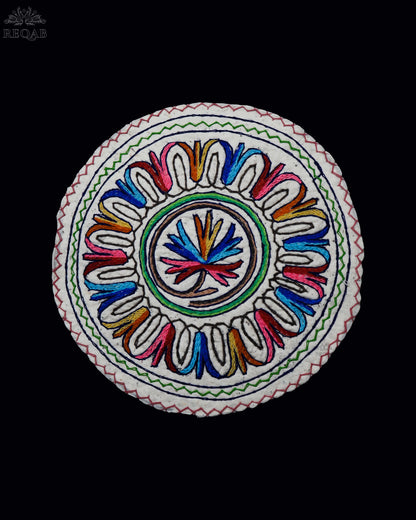 Chinar Leaf & Floral Bulb Design Small Circular Crewel Kashmiri Namda