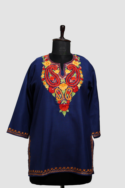 Indigo Blue Ruby Cotton Top with Aari Embroidery