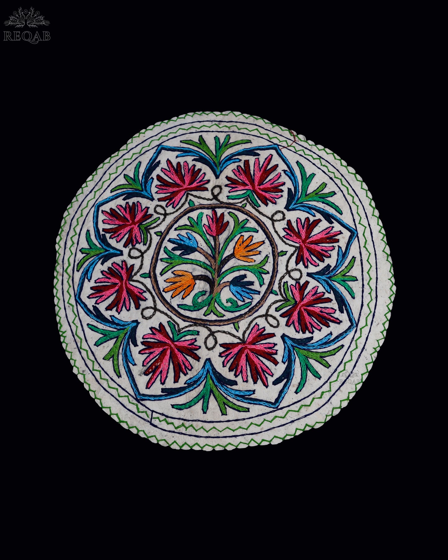 Leaf & Floral Design Medium Circular Crewel Kashmiri Namda