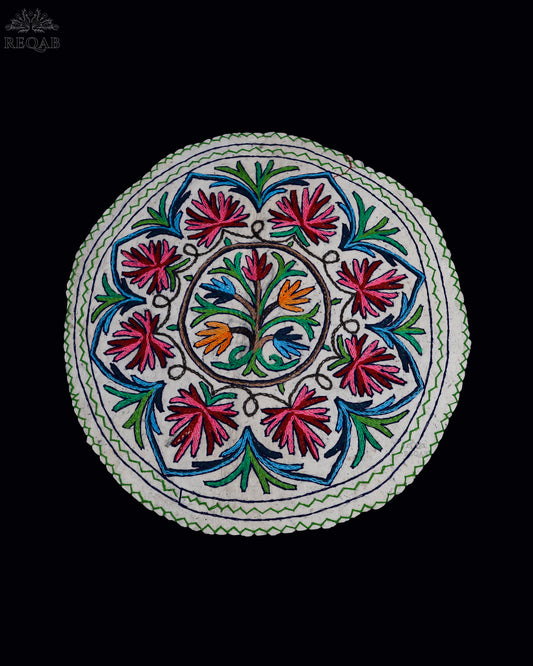 Leaf & Floral Design Medium Circular Crewel Kashmiri Namda