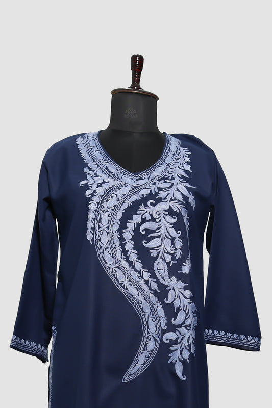 Madison Blue Ruby Cotton Kurti with Aari Embroidery