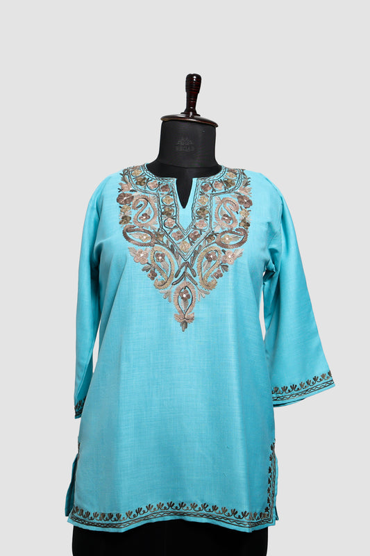 Blizzard Blue Ruby Cotton Top with Aari Embroidery