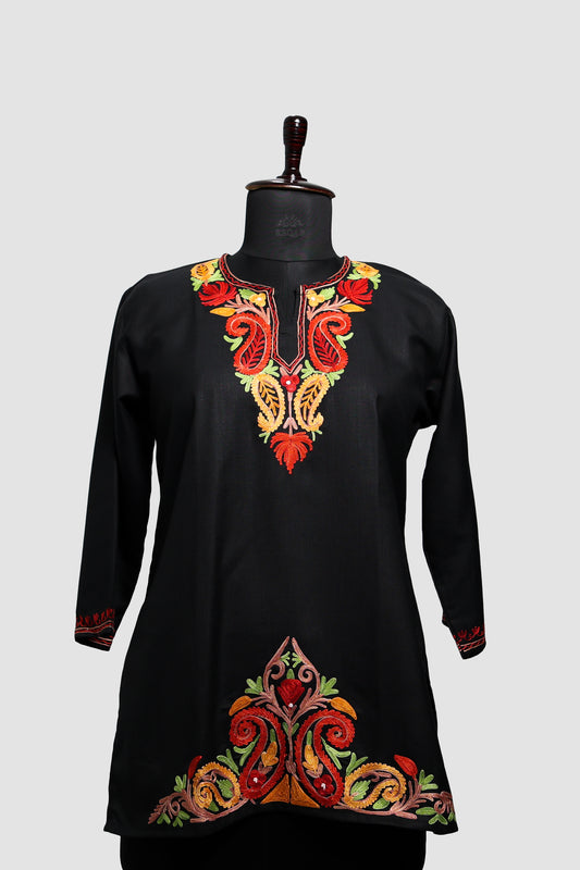 Black Russian Ruby Cotton Top with Aari Embroidery