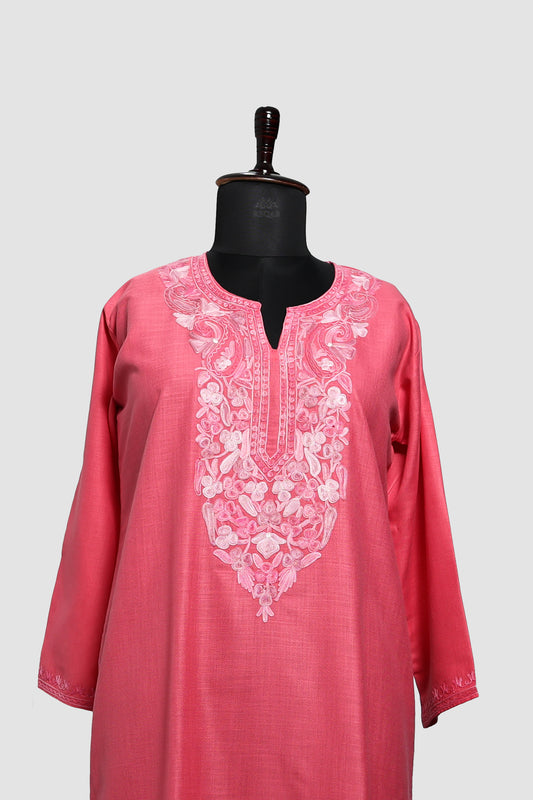 Light Coral Ruby Cotton Kurti with Aari Embroidery
