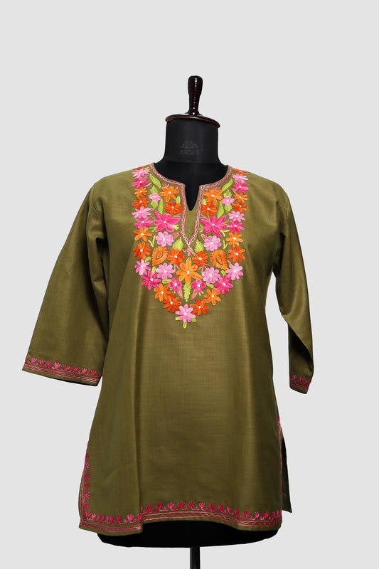 Metallic Sunburst Ruby Cotton Top with Aari Embroidery