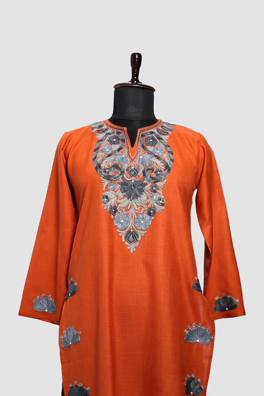 Burnt Orange Ruby Cotton Co-ord Set with Aari Embroidery