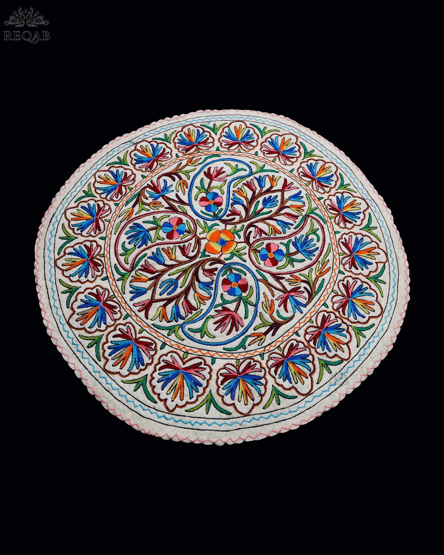 Almond Floral Design Large Circular Crewel Kashmiri Namda