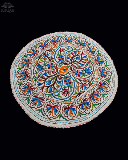 Almond Floral Design Large Circular Crewel Kashmiri Namda