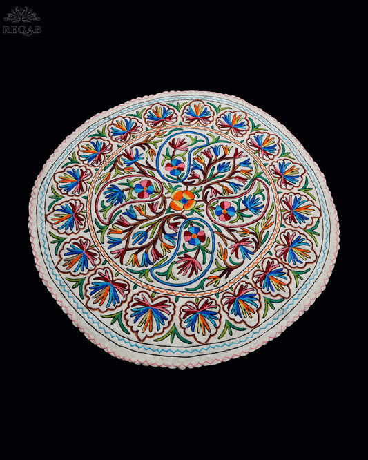 Almond Floral Design Large Circular Crewel Kashmiri Namda