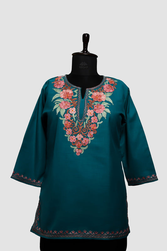 Blue Lagoon Ruby Cotton Top with Aari Embroidery