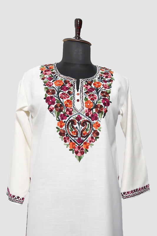 White Smoke Ruby Cotton Kurti with Aari Embroidery