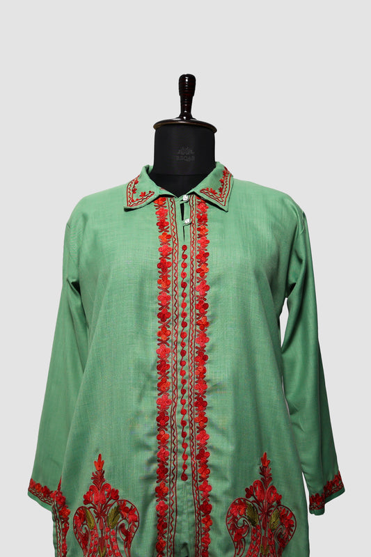 Bay Leaf Ruby Cotton Co-ord Set with Aari Embroidery