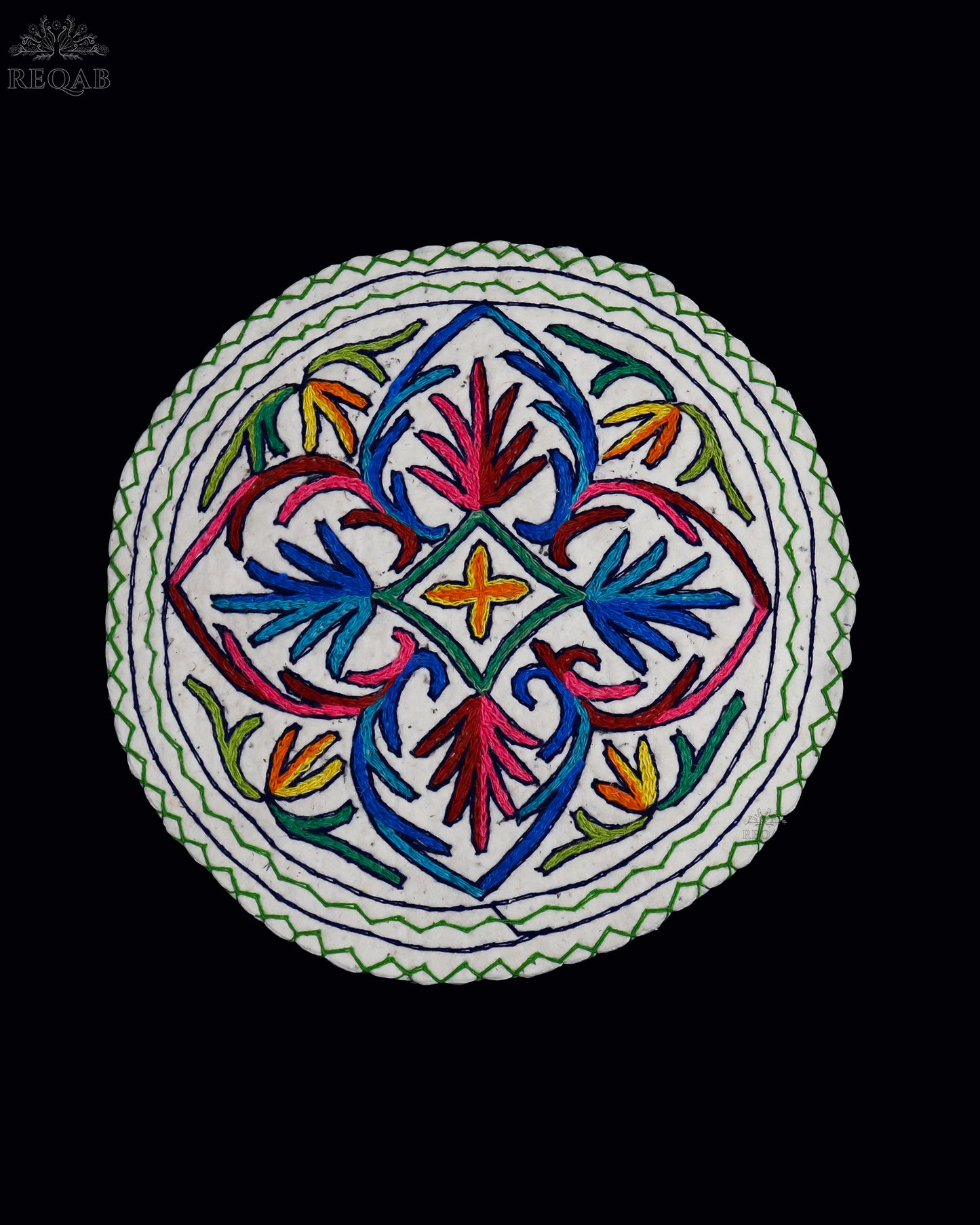 Leaf & Floral Design Small Circular Crewel Kashmiri Namda