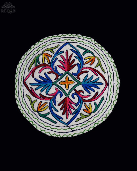 Leaf & Floral Design Small Circular Crewel Kashmiri Namda