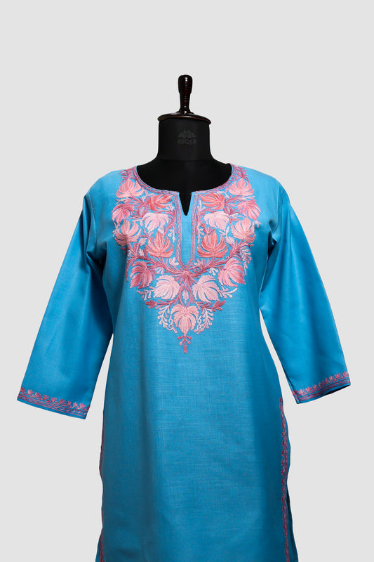 Malibu Blue Ruby Cotton Co-ord Set with Aari Embroidery