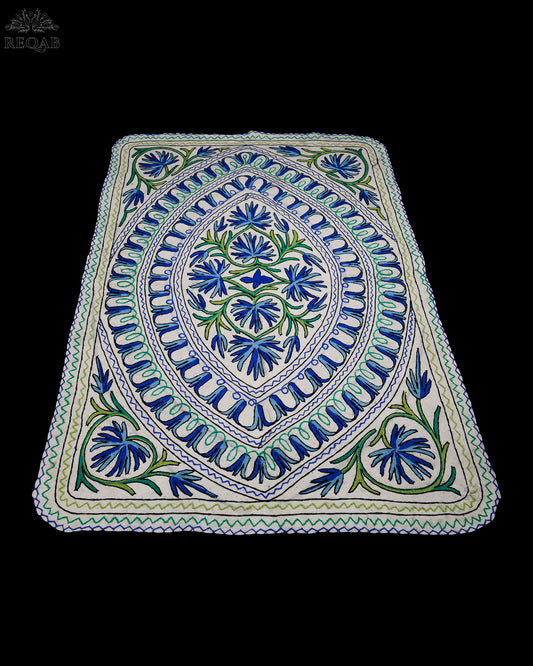 Floral & Leaf Design Green-Blue Large Rectangle Crewel Kashmiri Namda