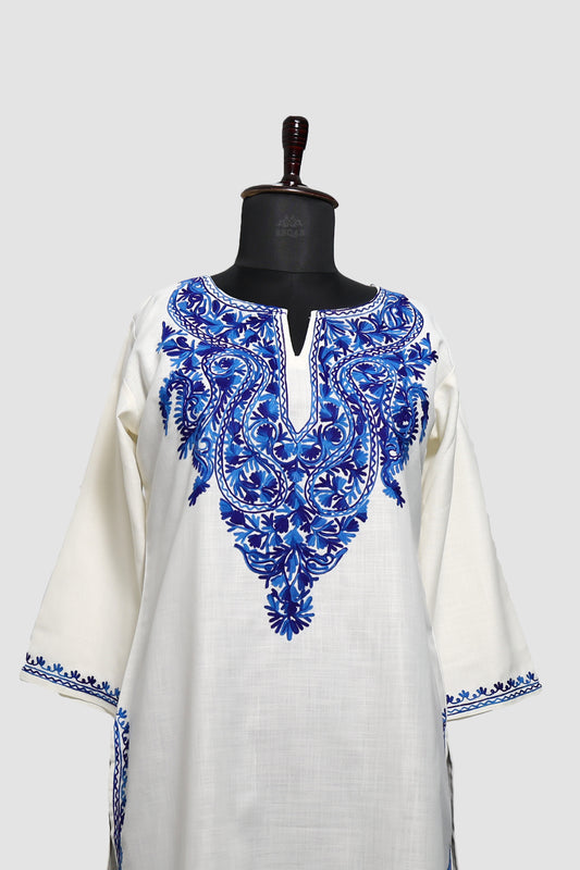 Anti Flash White Ruby Cotton Co-ord Set with Aari Embroidery