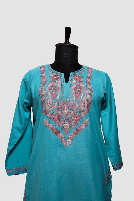 Pacific Blue Ruby Cotton Co-ord Set with Aari Embroidery