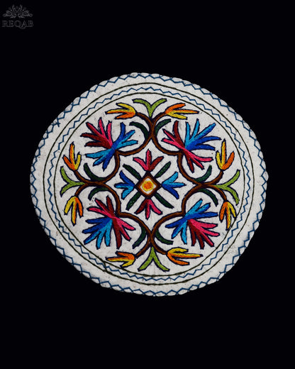Floral Star Design Small Circular Crewel Kashmiri Namda