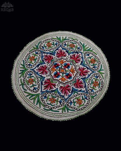 Chinar Leaf & Floral Design Medium Circular Crewel Kashmiri Namda