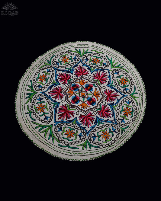 Chinar Leaf & Floral Design Medium Circular Crewel Kashmiri Namda