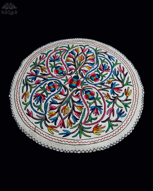 Almond Floral Design Medium Circular Crewel Kashmiri Namda