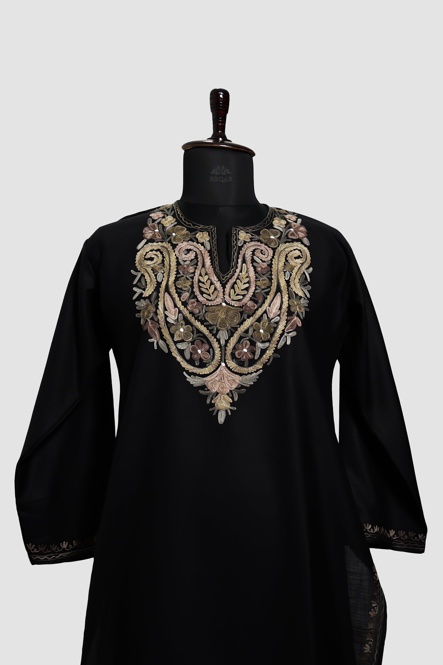 Smoky Black Ruby Cotton Kurti with Aari Embroidery