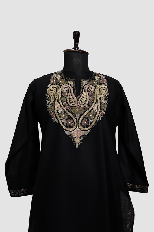 Smoky Black Ruby Cotton Kurti with Aari Embroidery
