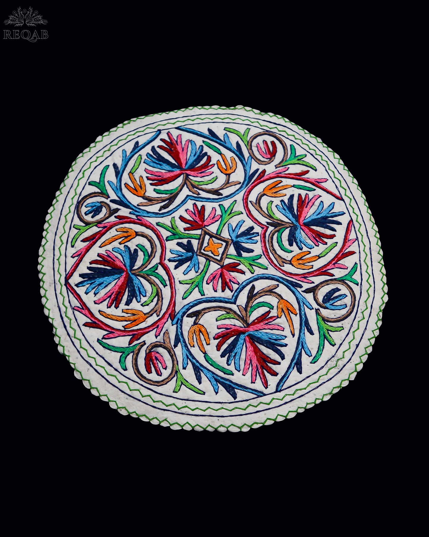 Floral Bulb & Chinar Leaf Design Medium Circular Crewel Kashmiri Namda
