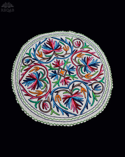 Floral Bulb & Chinar Leaf Design Medium Circular Crewel Kashmiri Namda