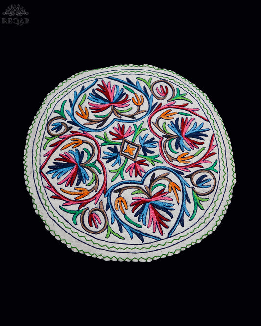 Floral Bulb & Chinar Leaf Design Medium Circular Crewel Kashmiri Namda