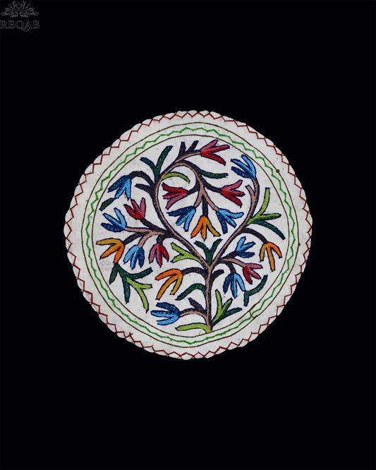 Leaf Design Small Circular Crewel Kashmiri Namda
