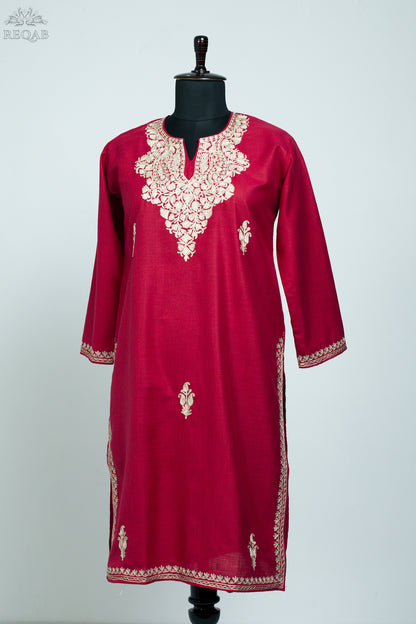 Brick Red Ruby Cotton Kurti with Zari Embroidery