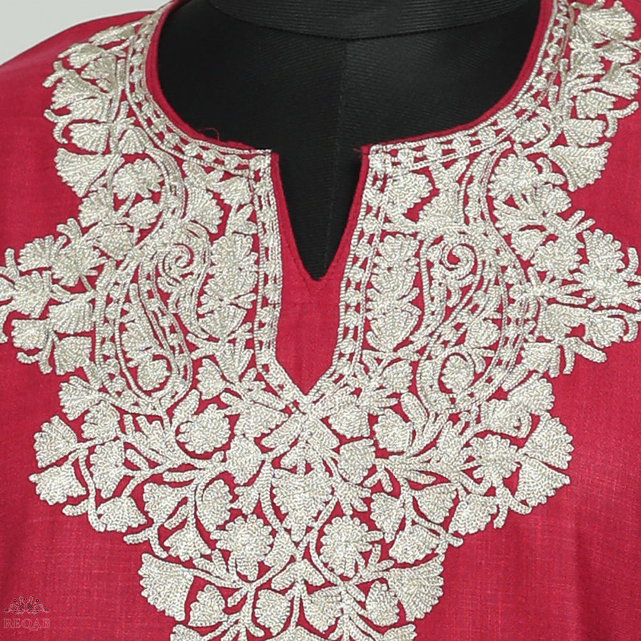 Brick Red Ruby Cotton Kurti with Zari Embroidery