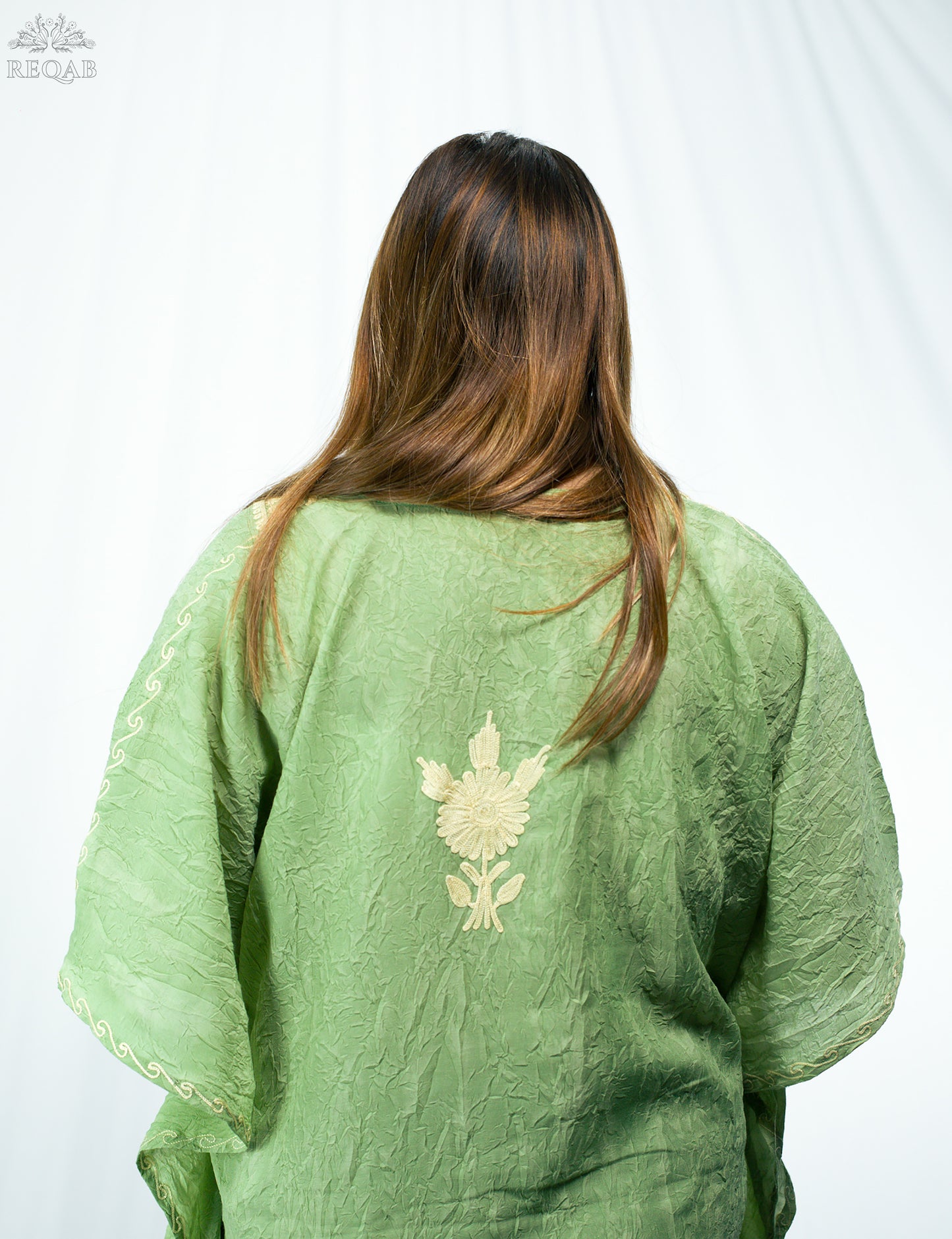 Conifer Green Short Kaftan with Aari Embroidery